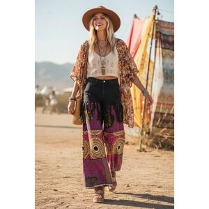Upcycled Boho Festival Pants Distressed Denim African Wax Print Wide Leg Small
